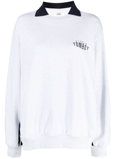 Studio Tomboy Logo-print Stripe-detail Sweatshirt In Grey
