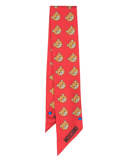 Moschino Teddy Bear-motif Silk Scarf In Red