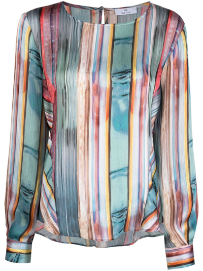 Ps By Paul Smith Striped Long-sleeved Blouse In Blue