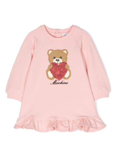 Moschino Babies' Teddy Bear-motif Ruffle-hem Dress In Pink