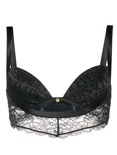 Versace Logo印花长款平台罩杯式文胸 In Black