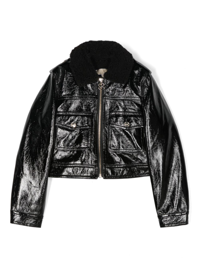 Michael Kors Kids' High-shine Faux-leather Zipped Jacket In Black