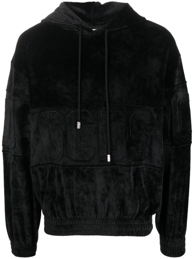 Gcds Logo-patch Velvet Hoodie In Black