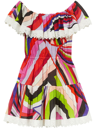 Pucci Iride Printed Off-shoulder Mini Dress In Multicolor
