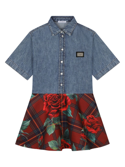 Dolce & Gabbana Kids' Rose-print Denim Dress In Blue