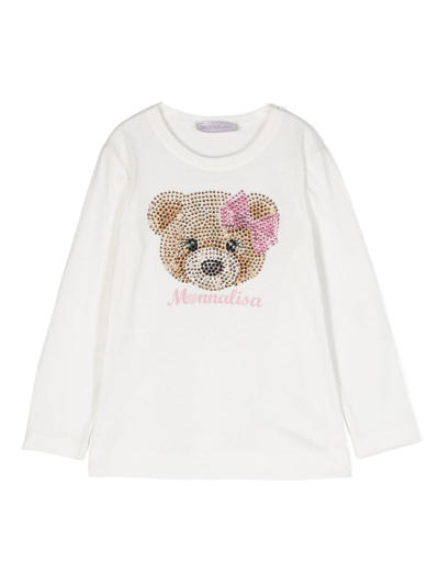 Monnalisa Kids' Teddy-bear Rhinestone-embellished Cotton Sweatshirt In White