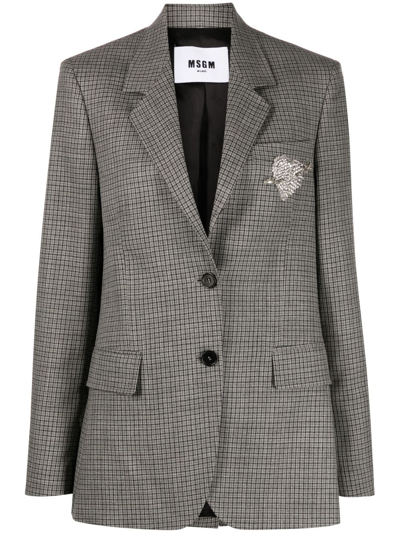 Msgm Checkered-pattern Wool Blazer In Grey