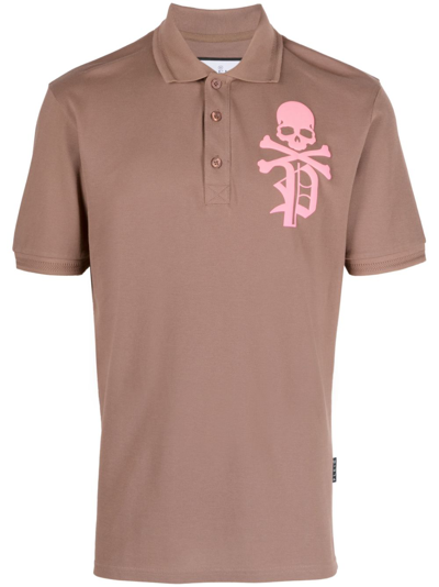Philipp Plein Skull & Bones Piqué Polo Shirt In Brown
