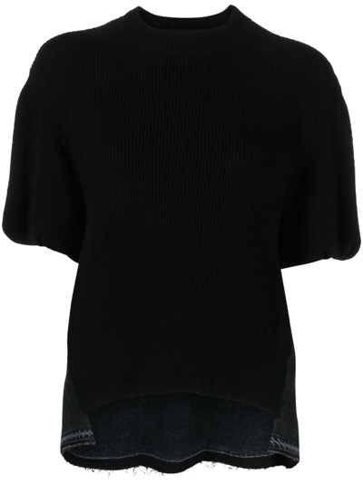 Sacai Asymmetric-hem Ribbed-knit T-shirt In Black