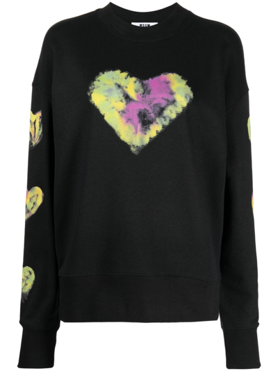 Msgm Heart-print Cotton Sweatshirt In Black