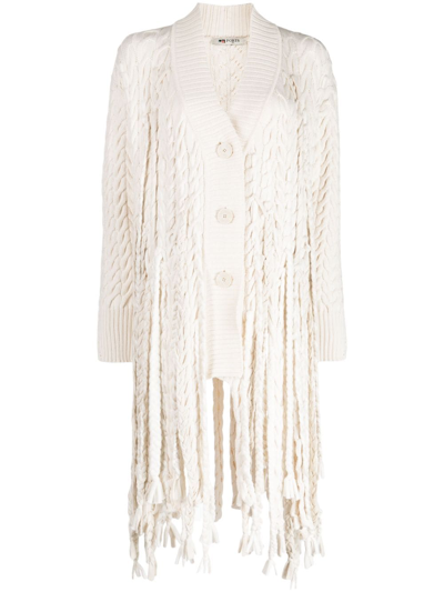 Ports 1961 Chunky Cable-knit Fringed-edge Cardigan In White