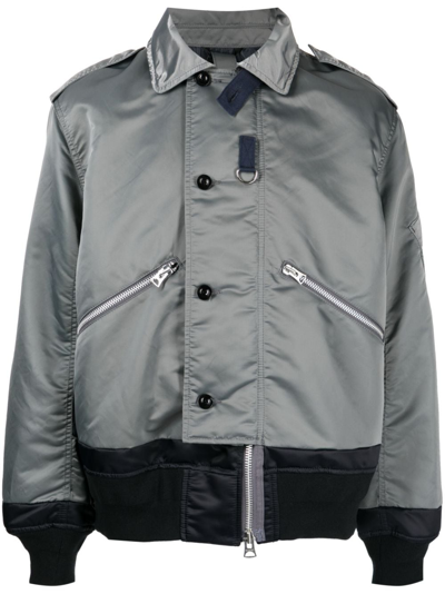 Sacai Off-centre Button-fastening Bomber Jacket In Grey