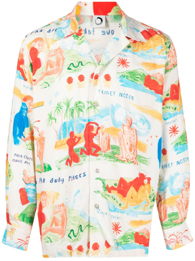 Endless Joy Mens Ecru Faraway Places Graphic-print Regular-fit Woven Shirt