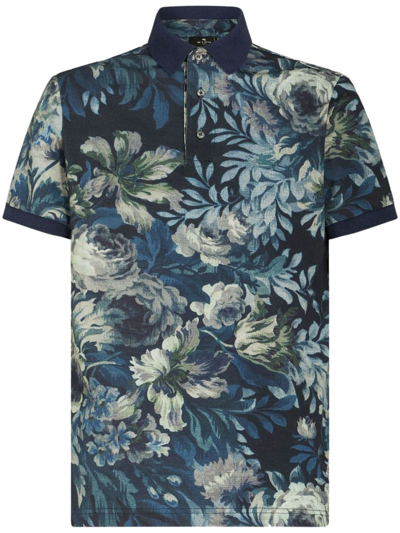 Etro Cotton Jersey Polo Shirt Enriched With A Floral Print. In Blue