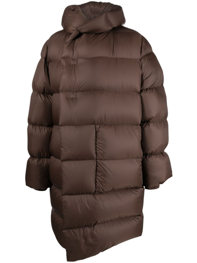 Rick Owens Oversized Hooded Padded Quilted Coat In Brown