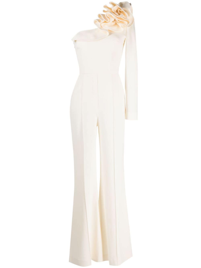 Elie Saab One-shoulder Flared Cady Jumpsuit With Rosette Detail In White