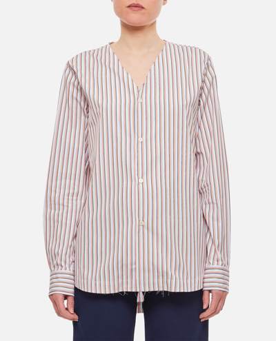 Plan C Striped Collarless Long-sleeve Shirt In White