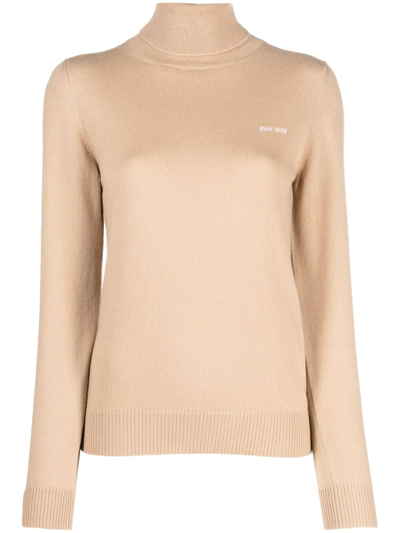 Miu Miu Logo-intarsia Cashmere Jumper In Neutral