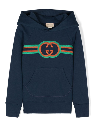 Gucci Kids' Logo刺绣棉连帽衫 In Navy Blue