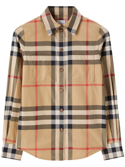 Burberry Embroidered Check Pattern Cotton Shirt In Neutral
