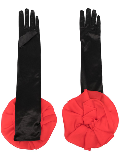 Parlor Floral-appliqué Satin Gloves In Black