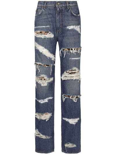 Dolce & Gabbana Distressed-effect Straight-leg Jeans In Navy