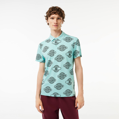 Lacoste Globe Print Ultralight Piqu¿ Movement Polo Shir In Light Blue Black