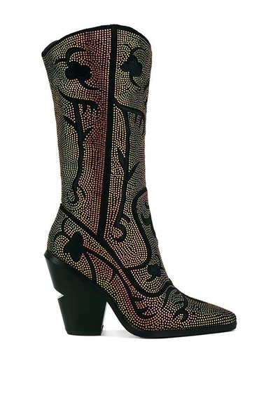 London Rag Glimmer Rhinestones Embellished Shimmer Calf Boots In Black