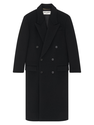 Saint Laurent Double-breasted Wool Maxi Coat In Black