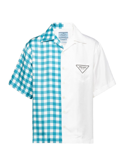 Prada Double Match Silk Twill Shirt In White/turquoise