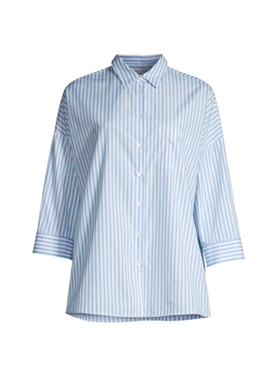 Weekend Max Mara Giralda Striped Poplin 3/4 Sleeve Shirt In Light Blue