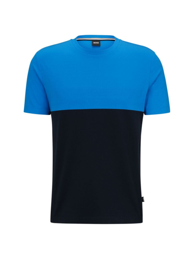 Hugo Boss Interlock-cotton Regular-fit T-shirt With Color-blocking In Dark Blue