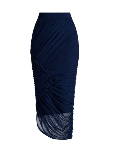 Herve Leger Ruched Mesh Midi Pencil Skirt In Navy