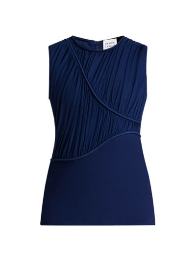 Herve Leger Ruched Mesh Crewneck Sleevess Top In Classic Blue