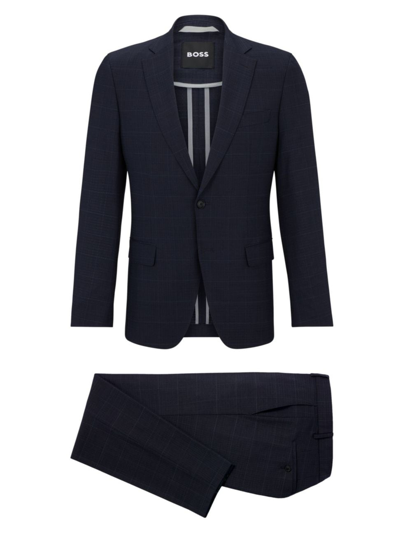 Hugo Boss Slim-fit Suit In Checked Performance-stretch Fabric In Dark Blue