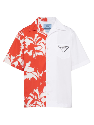 Prada Men's Poplin Garofano Double Match Bowling Shirt In Lacca