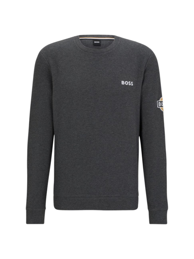 Hugo Boss Organic-cotton-blend Waffle Loungewear Sweatshirt With Patch Logo In Grey