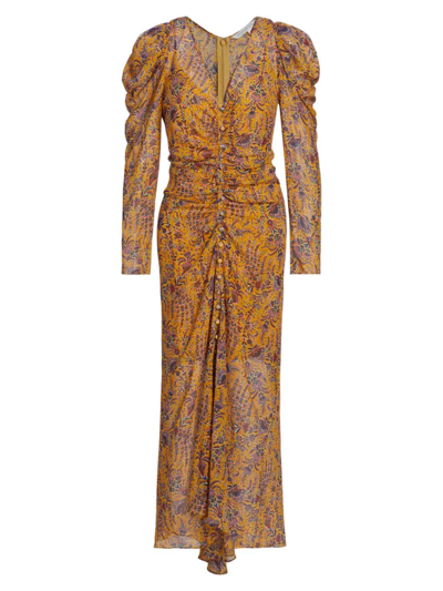 Veronica Beard Ferrara Ruched Printed Silk-crepe Maxi Dress In Saffron Multi