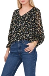Chaus Floral Print V-neck Chiffon Top In Rich Black 060