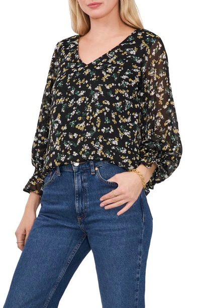 Chaus Floral Print V-neck Chiffon Top In Rich Black 060