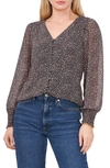 Chaus Balloon Sleeve Chiffon Button-up Top In Black/ Taupe