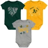Outerstuff Girls Newborn And Infant Green, Gold, Heathered Gray Oakland Athletics 3-pack Batter Up Bodysuit Set In Green