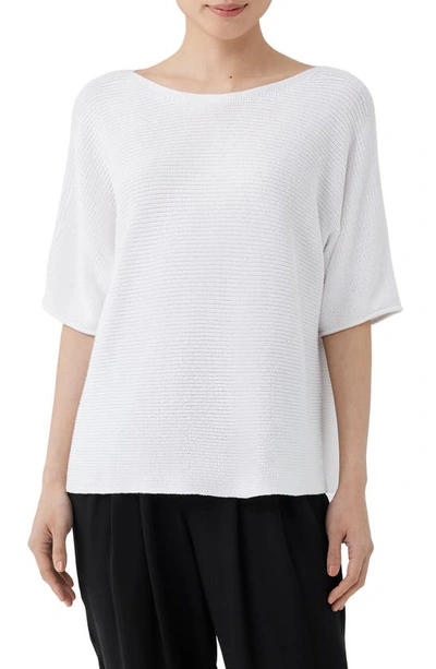 Eileen Fisher Ribbed Elbow-sleeve Bateau-neck Top In White