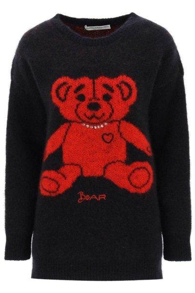 Alessandra Rich Jumper In Jacquard Knit With Bear Motif And Appliques In Black,red