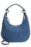 VALENTINO GARAVANI SMALL ROCKSTUD QUILTED DENIM HOBO BAG