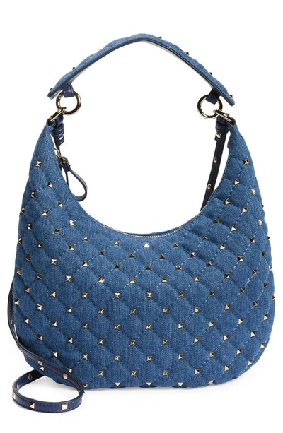 Valentino Garavani Rockstud Small Quilted Denim Hobo Bag In Blue