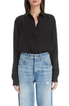 Saint Laurent Tonal Stripe Silk Blouse In Noir