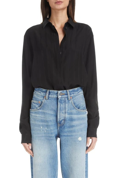 Saint Laurent Silk Button-front Shirt With Logo Stripes In Nero