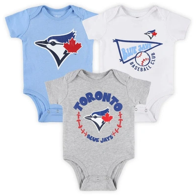 Outerstuff Babies' Newborn & Infant Powder Blue/white/heather Grey Toronto Blue Jays Biggest Little Fan 3-pack Bodysuit In Powder Blue,white,heather Grey