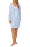 Eileen West Long Sleeve Short Nightgown In White/blue Print